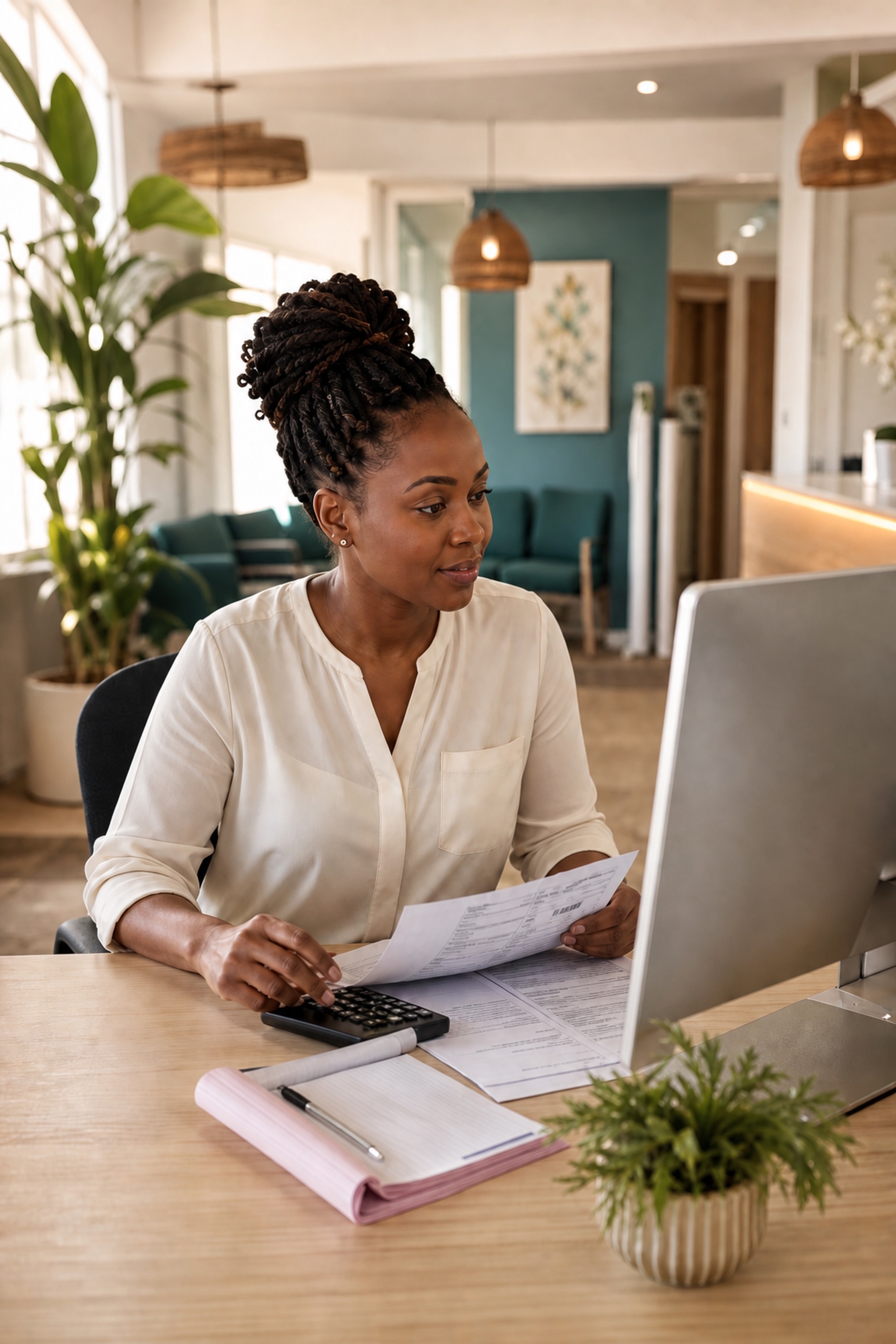 A clinic finance officer reviewing insurance claims and payments at a desk