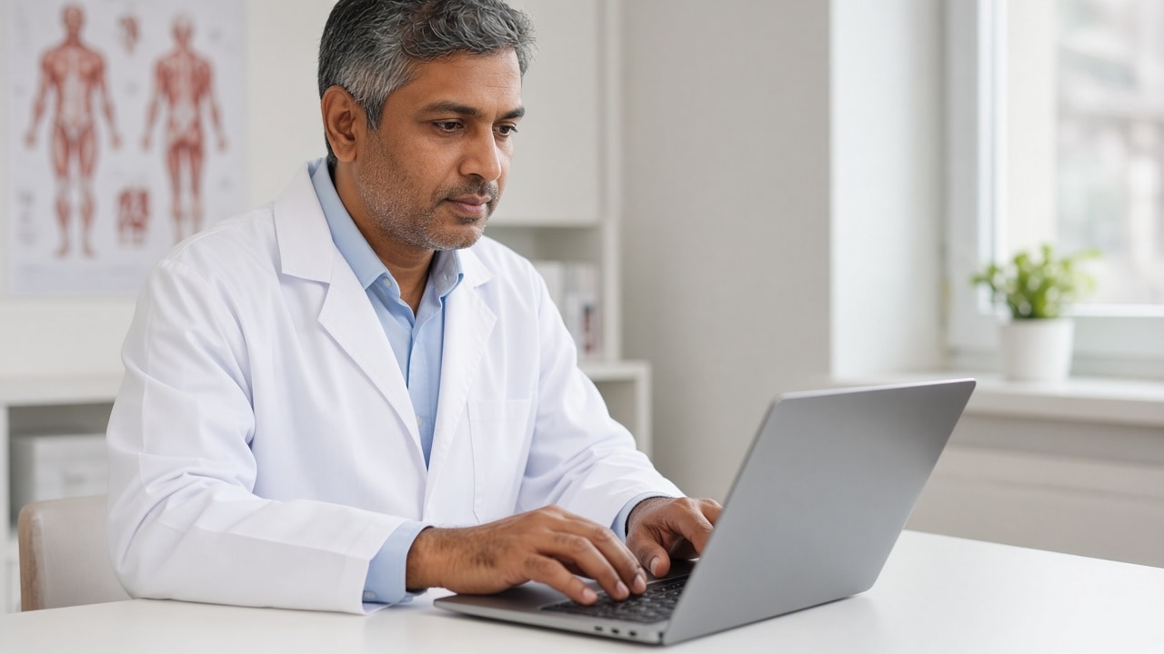 A physician reviewing patient records on a laptop