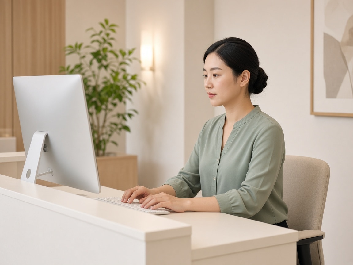 A receptionist reviewing the clinic schedule at the front desk
