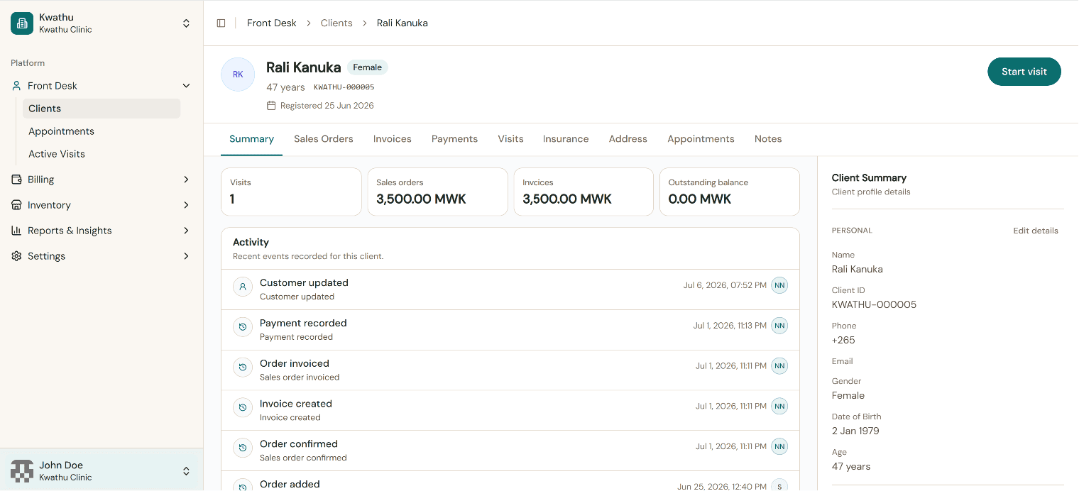 Sigma patient account overview showing billing and visit history